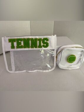 White Clear Tennis Cosmetic Travel Bags with Green Tennis Appliqué